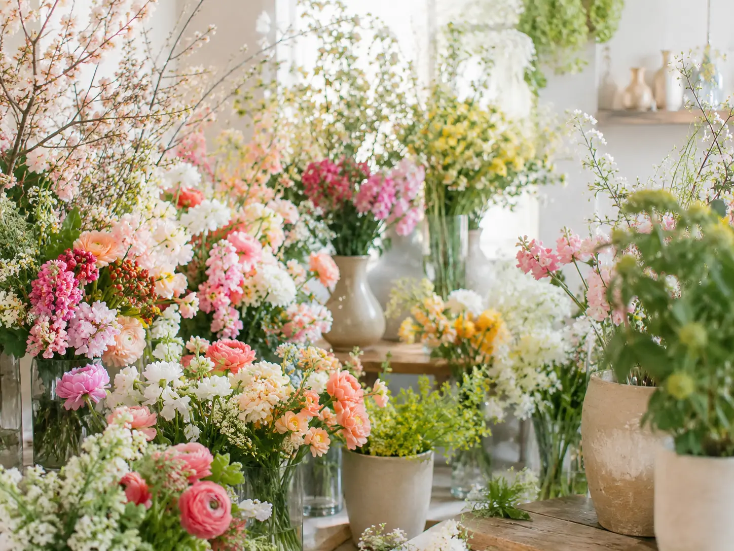 明るい店内に季節の花が並ぶKOTORIの花屋